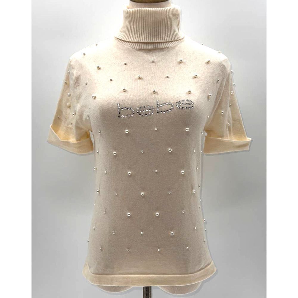 Bebe Cream Short Sleeve Turtleneck Pearl Sequin Logo Sweater- L